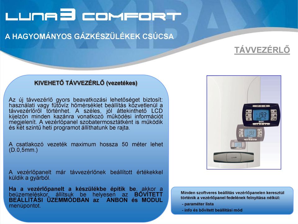 A csatlakozó vezeték maximum hossza 50 méter lehet (D.0,5mm.) A vezérlőpanelt már távvezérlőnek beállított értékekkel küldik a gyárból.