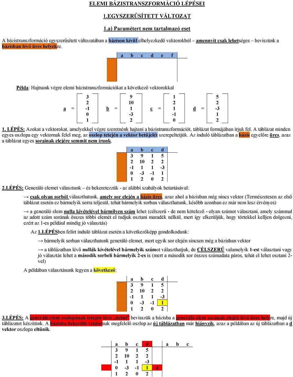 e f Példa: Hajtsunk végre elemi bázistranszformációkat a következő vektorokkal a = -1 b = 1 c = 1 d = -3 1.