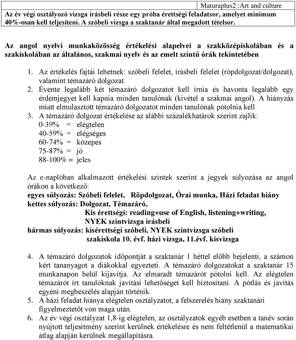 Az angol nyelvi munkaközösség értékelési alapelvei a szakközépiskolában és a szakiskolában az általános, szakmai nyelv és az emelt szintű órák tekintetében 1.