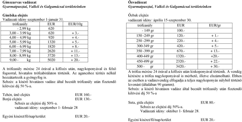 Az agancshoz térítés nélkül hozzátartozik a gyöngyfog is.. Tehén, ünő elejtés 160.- Borjú elejtés 130.- Sebzés az elejtési díj 50%-a.
