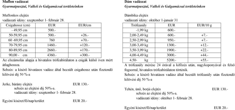 Sebzés: a kísérő hivatásos vadász által becsült csigahossz után fizetendő Jerke, bárány elejtés 130.- sebzés az elejtési díj 50%-a. vadászati idény: szeptember 1- február 28.