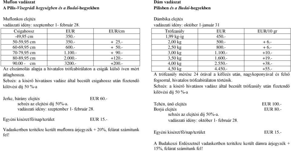 Sebzés: a kísérő hivatásos vadász által becsült csigahossz után fizetendő Jerke, bárány elejtés 60.- sebzés az elejtési díj 50%-a. vadászati idény: szeptember 1- február 28.