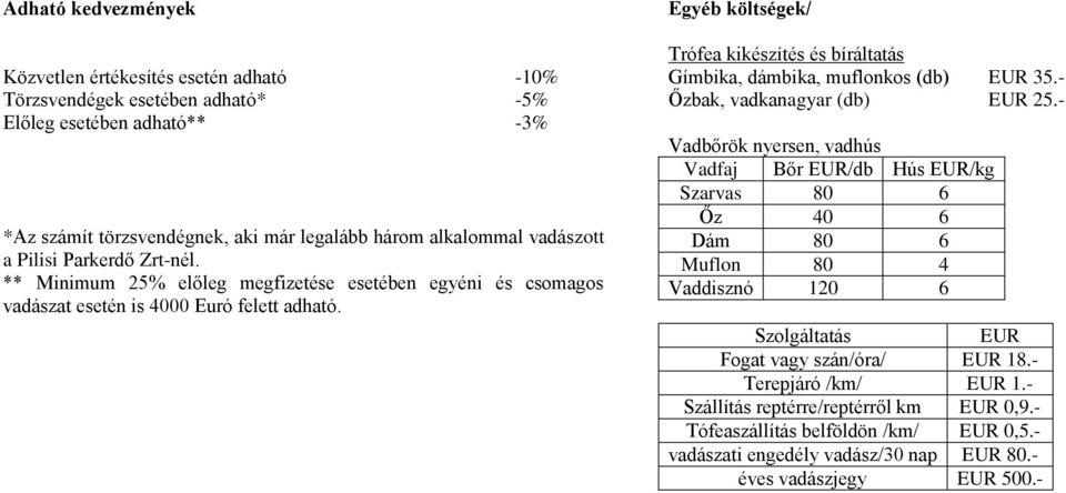 Egyéb költségek/ Trófea kikészítés és bíráltatás Gímbika, dámbika, muflonkos (db) 35.- Őzbak, vadkanagyar (db) 25.