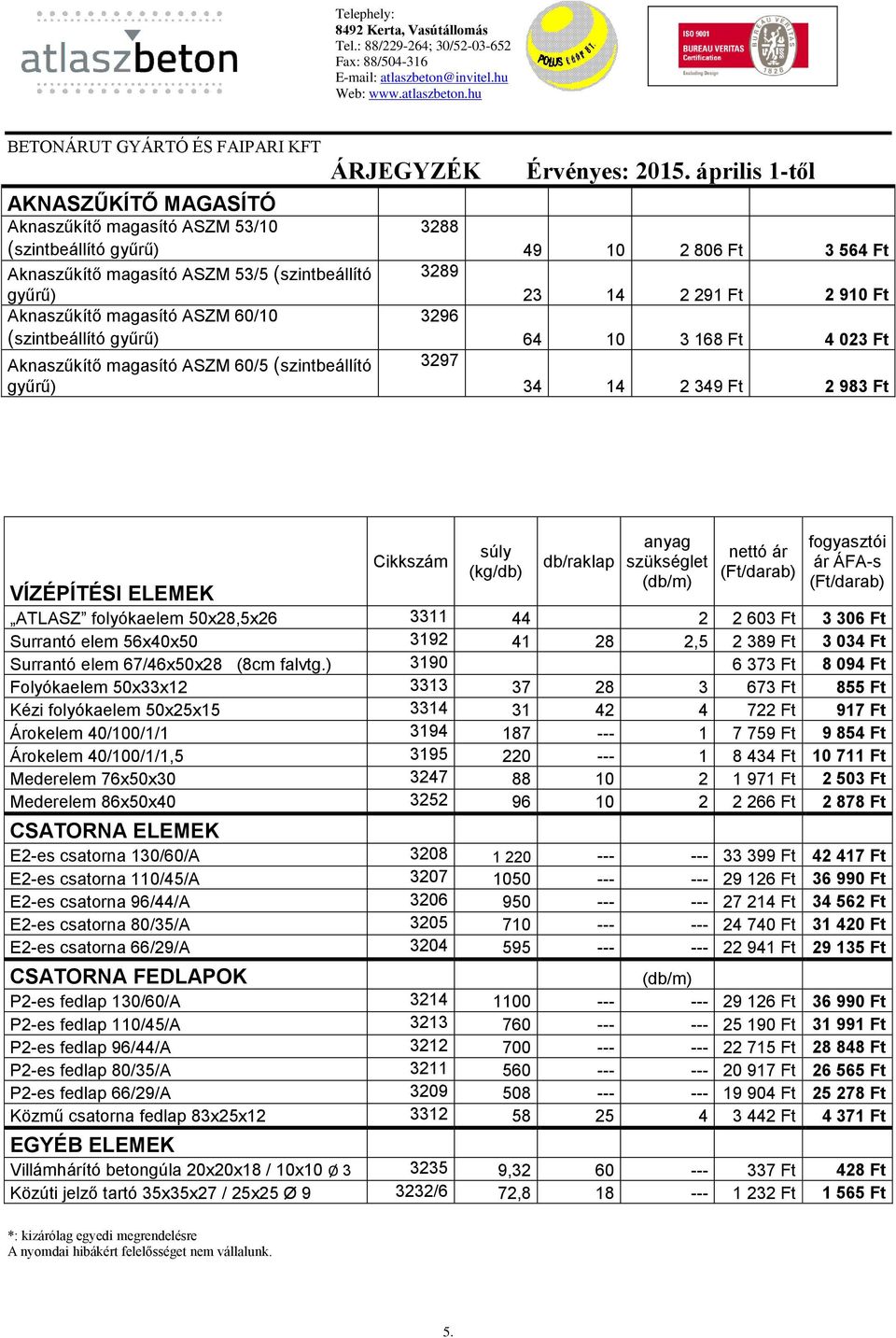 fogyasztói ár ÁFA-s ATLASZ folyókaelem 50x28,5x26 3311 44 2 2 603 Ft 3 306 Ft Surrantó elem 56x40x50 3192 41 28 2,5 2 389 Ft 3 034 Ft Surrantó elem 67/46x50x28 (8cm falvtg.