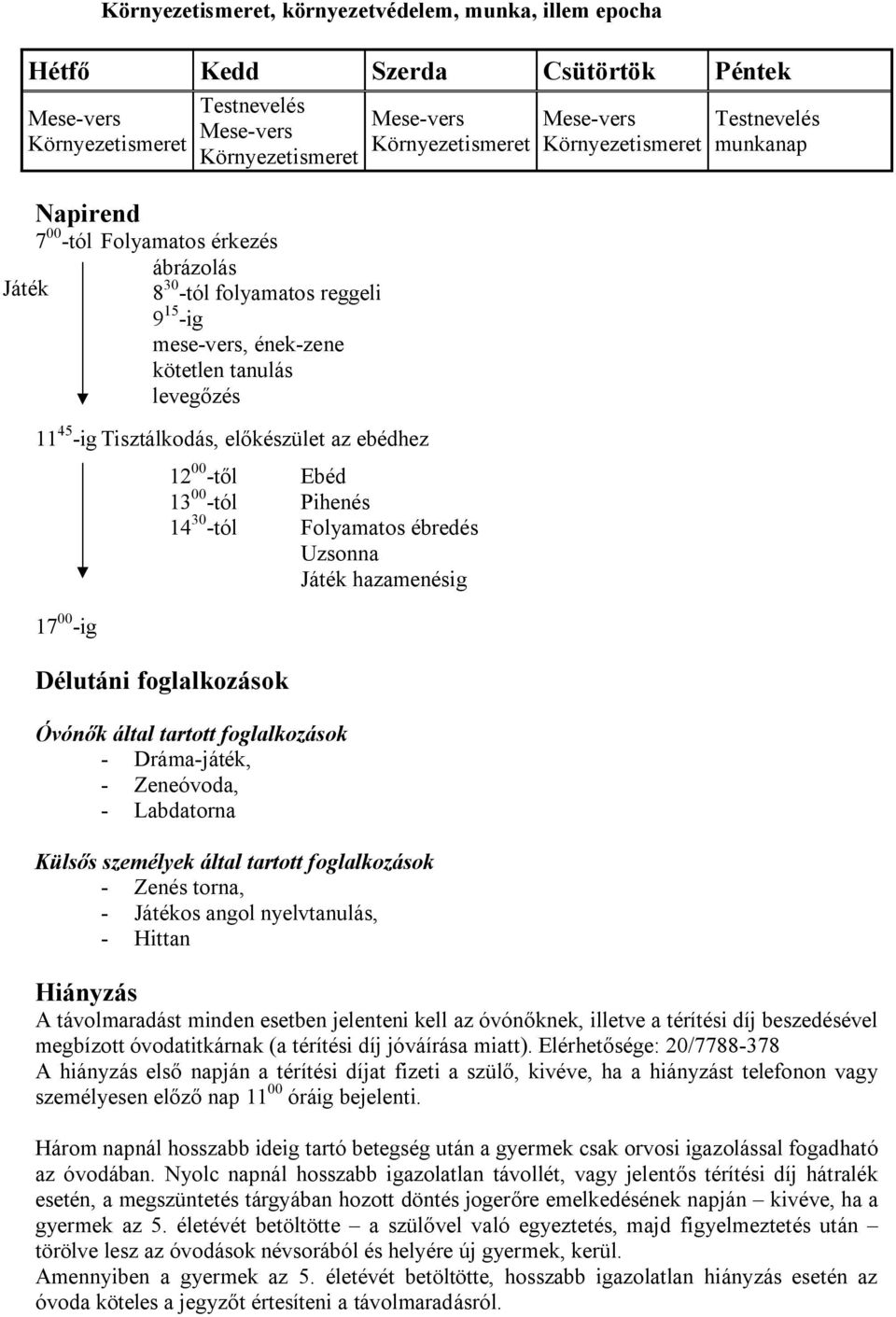 Dráma-játék, - Zeneóvoda, - Labdatorna Külsős személyek által tartott foglalkozások - Zenés torna, - Játékos angol nyelvtanulás, - Hittan Környezetismeret 12 00 -től Ebéd 13 00 -tól Pihenés 14 30