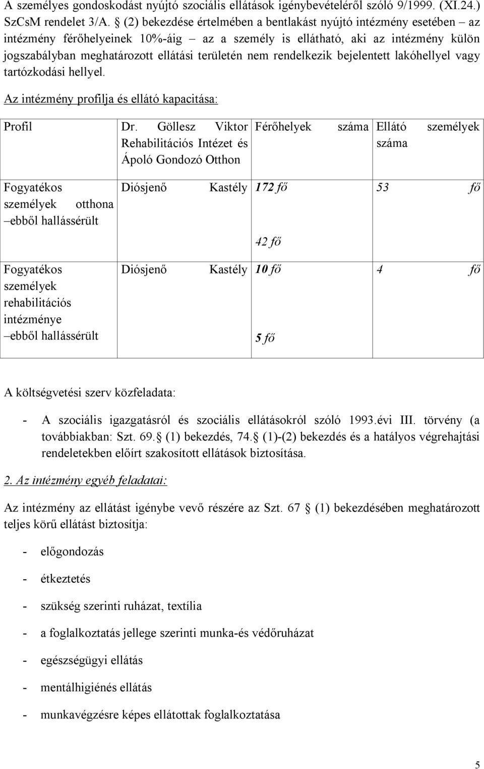 rendelkezik bejelentett lakóhellyel vagy tartózkodási hellyel. Az intézmény profilja és ellátó kapacitása: Profil Dr.