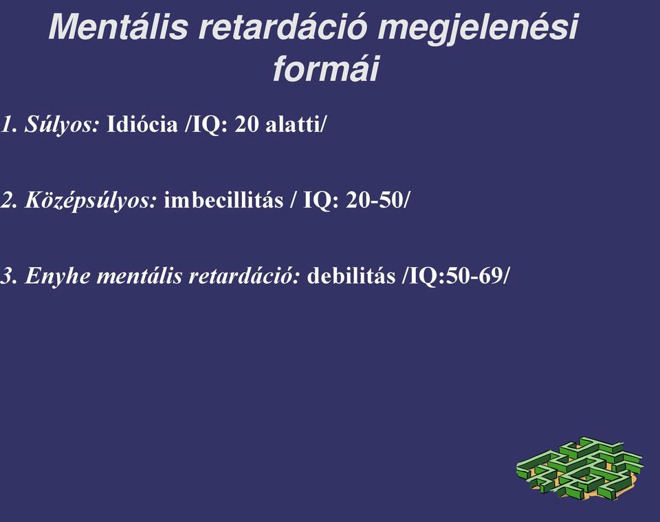 Középsúlyos: imbecillitás / IQ: 20-50/ 3.