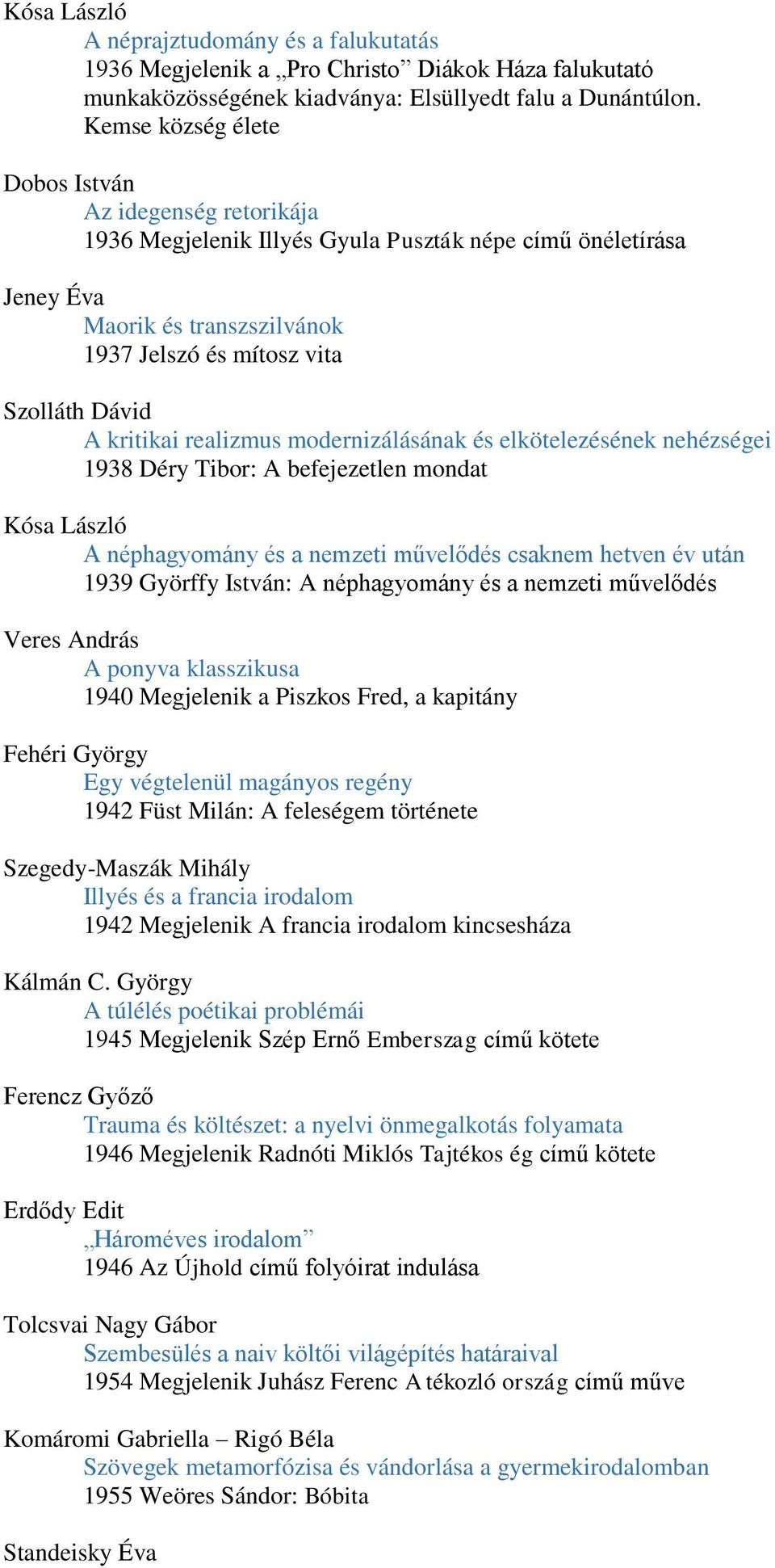 kritikai realizmus modernizálásának és elkötelezésének nehézségei 1938 Déry Tibor: A befejezetlen mondat Kósa László A néphagyomány és a nemzeti művelődés csaknem hetven év után 1939 Györffy István: