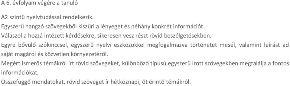 Egyre bővülő szókinccsel, egyszerű nyelvi eszközökkel megfogalmazva történetet mesél, valamint leírást ad saját magáról és közvetlen