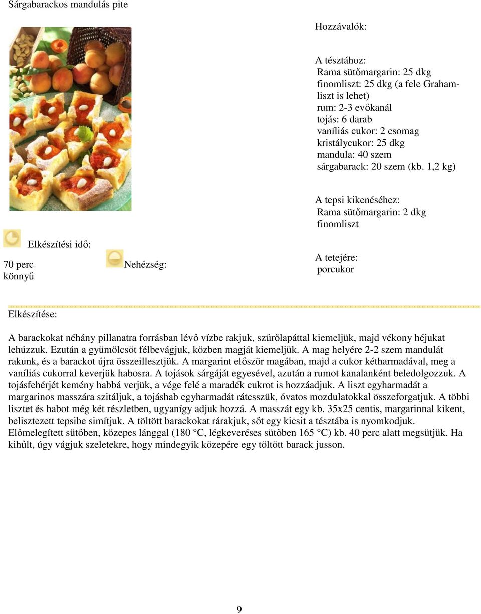 1,2 kg) A tepsi kikenéséhez: Rama sütőmargarin: 2 dkg finomliszt Elkészítési idő: 70 perc Nehézség: könnyű A tetejére: porcukor A barackokat néhány pillanatra forrásban lévő vízbe rakjuk,