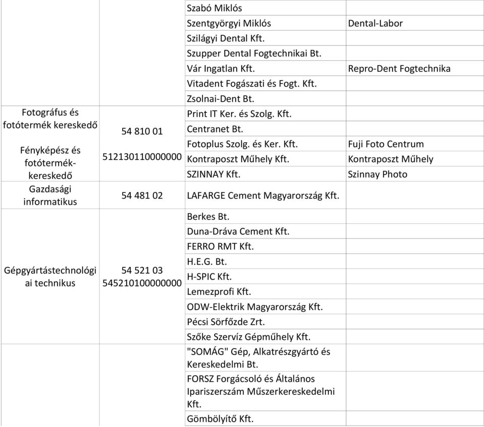és Ker. Kft. Kontraposzt Műhely Kft. SZINNAY Kft. 54 481 02 LAFARGE Cement Magyarország Kft. 54 521 03 545210100000000 Berkes Bt. Duna-Dráva Cement Kft. FERRO RMT Kft. H.E.G. Bt. H-SPIC Kft.