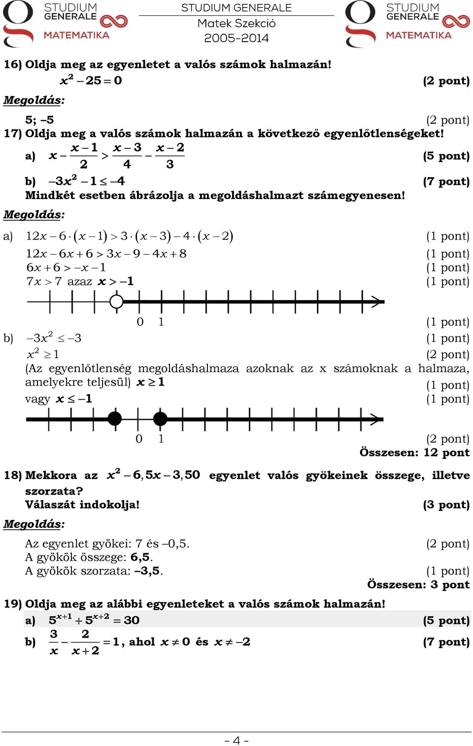 (5 pont) 3 1 4 (7 pont) 1 6 1 3 3 4 1 6 6 3 9 4 8 6 6 1 7 7 azaz 1 0 1 3 3 ( pont) (Az egyenlőtlenség megoldáshalmaza azoknak az számoknak a halmaza, amelyekre teljesül) 1 vagy 1 1