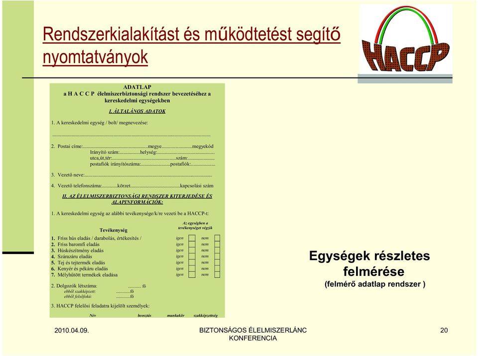 Vezető telefonszáma:...körzet...kapcsolási szám II. AZ ÉLELMISZERBIZTONSÁGI RENDSZER KITERJEDÉSE ÉS ALAPINFORMÁCIÓK: 1.