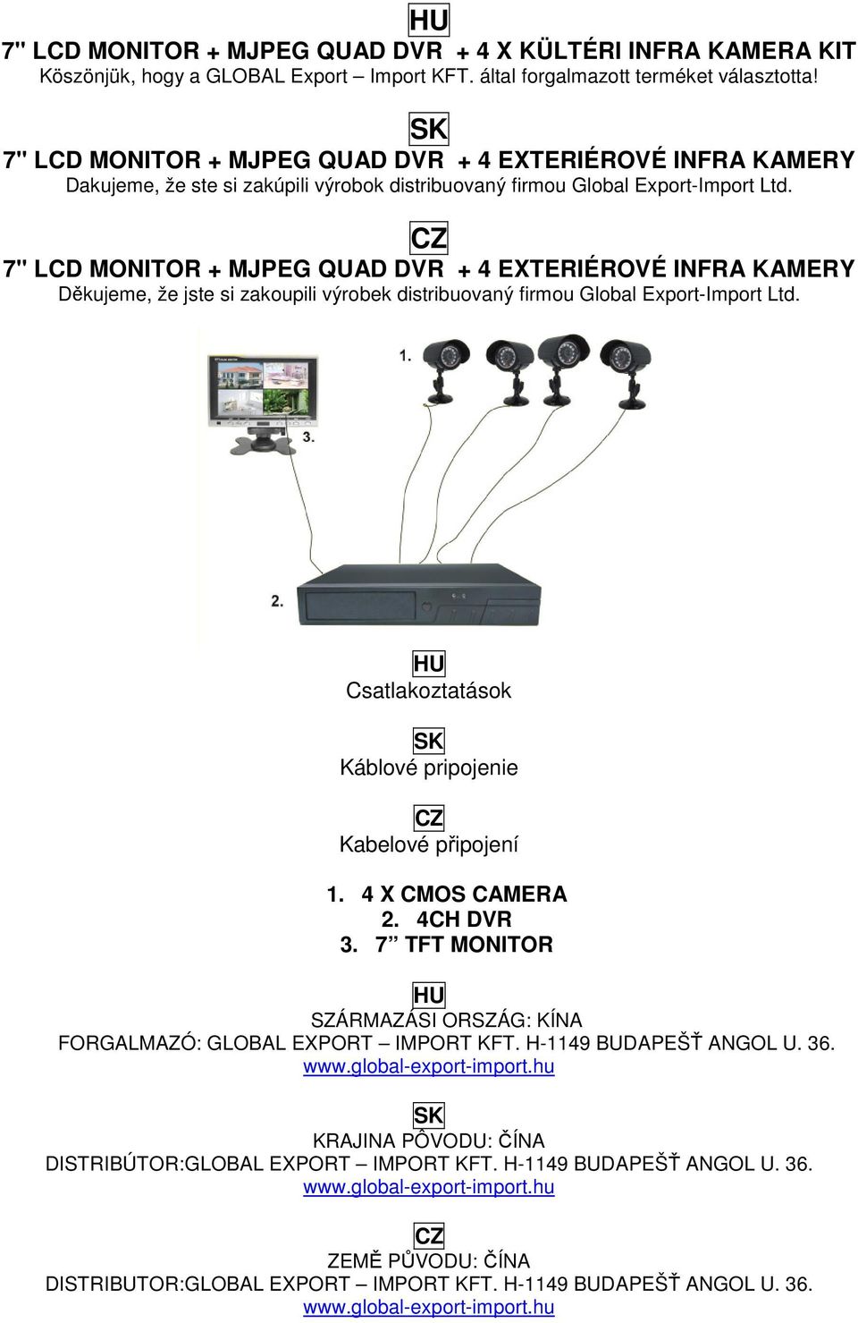 HU 7" LCD MONITOR + MJPEG QUAD DVR + 4 X KÜLTÉRI INFRA KAMERA KIT  Köszönjük, hogy a GLOBAL Export Import KFT. által forgalmazott terméket  választotta! - PDF Ingyenes letöltés