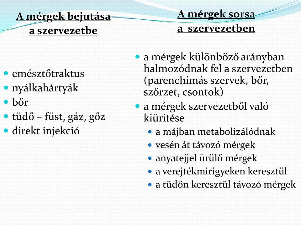 szervek, bőr, szőrzet, csontok) a mérgek szervezetből való kiüritése a májban metabolizálódnak vesén