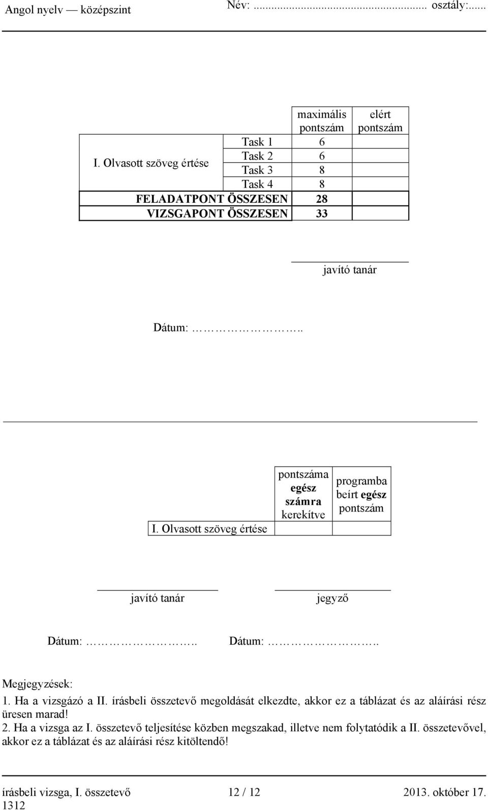 Olvasott szöveg értése pontszáma egész számra kerekítve programba beírt egész pontszám javító tanár jegyző Dátum:.. Dátum:.. Megjegyzések: 1.