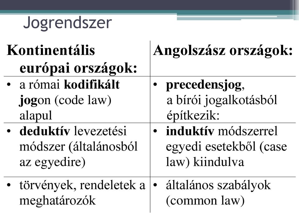 a meghatározók Angolszász országok: precedensjog, a bírói jogalkotásból építkezik: