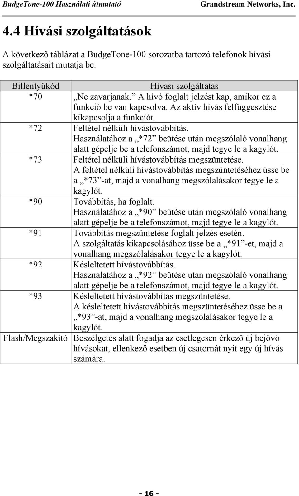 Használatához a *72 beütése után megszólaló vonalhang alatt gépelje be a telefonszámot, majd tegye le a kagylót. *73 Feltétel nélküli hívástovábbítás megszüntetése.