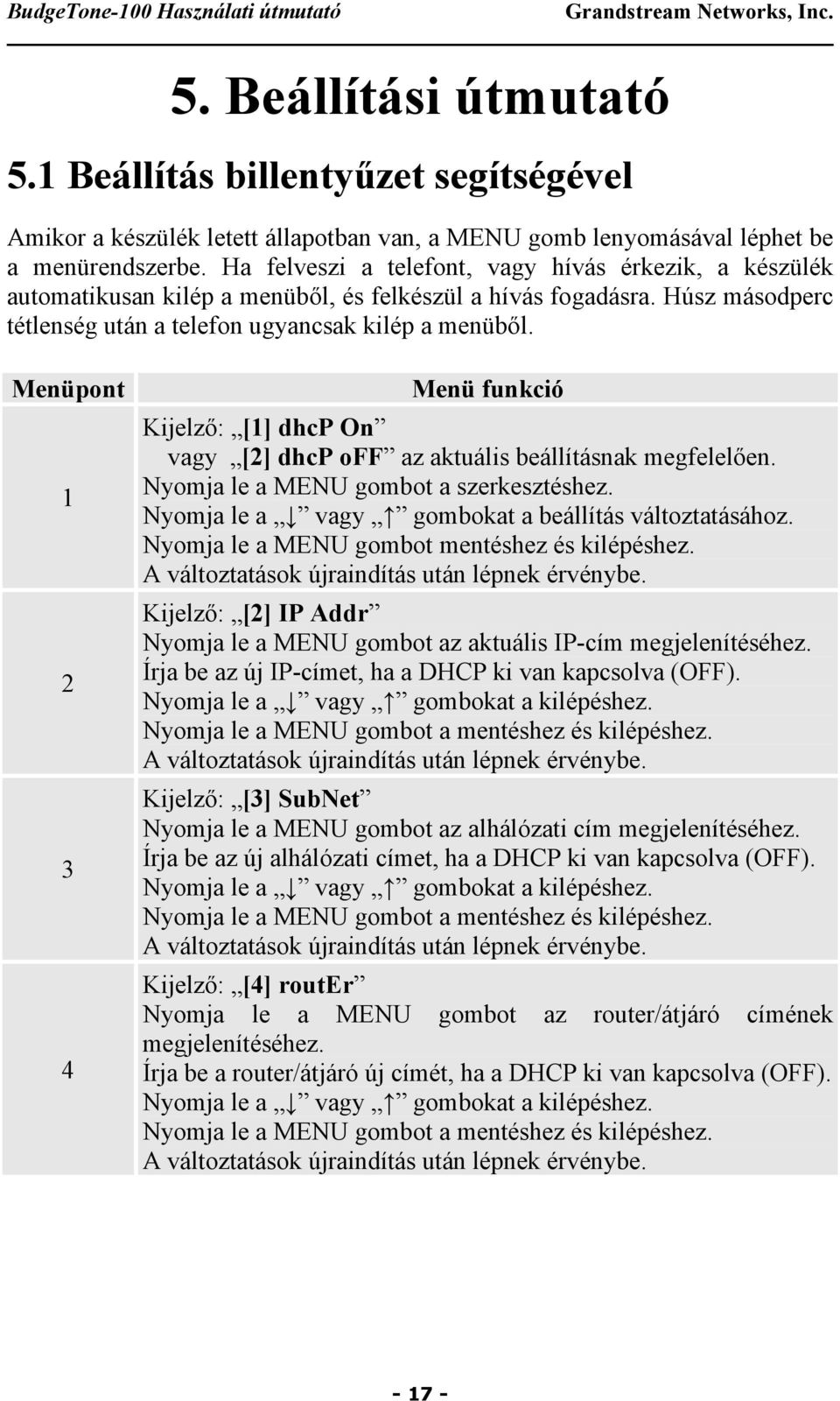 Menüpont 1 2 3 4 Menü funkció Kijelző: [1] dhcp On vagy [2] dhcp off az aktuális beállításnak megfelelően. Nyomja le a MENU gombot a szerkesztéshez.