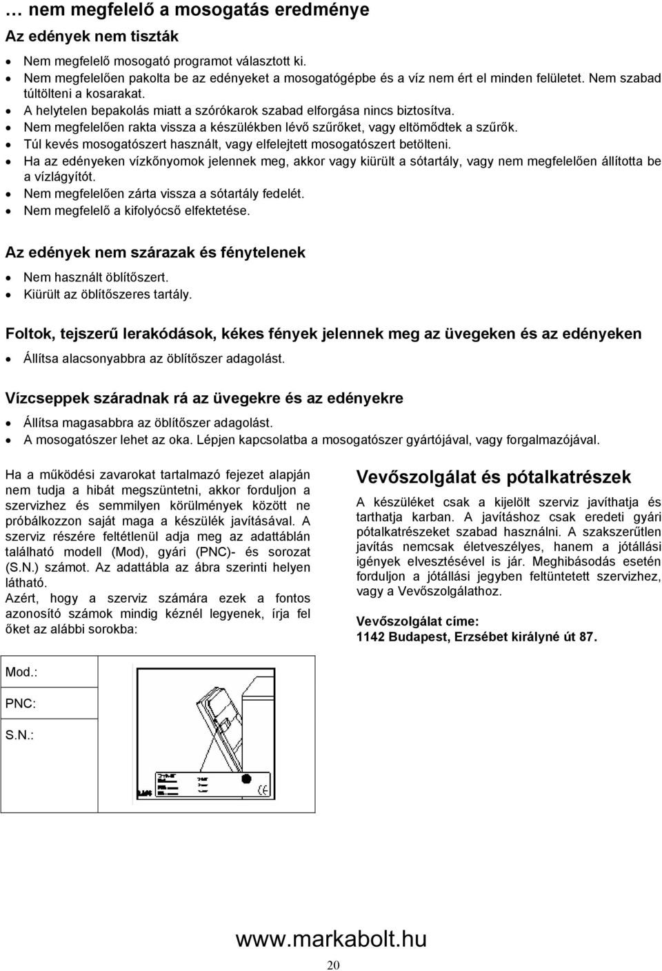 Túl kevés mosogatószert használt, vagy elfelejtett mosogatószert betölteni. Ha az edényeken vízkőnyomok jelennek meg, akkor vagy kiürült a sótartály, vagy nem megfelelően állította be a vízlágyítót.
