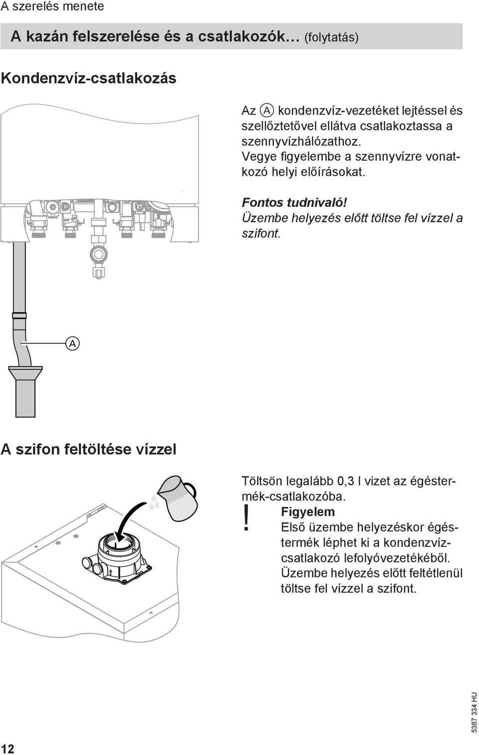 Üzembe helyezés előtt töltse fel vízzel a szifont. A A szifon feltöltése vízzel Töltsön legalább 0,3 l vizet az égéstermék-csatlakozóba.