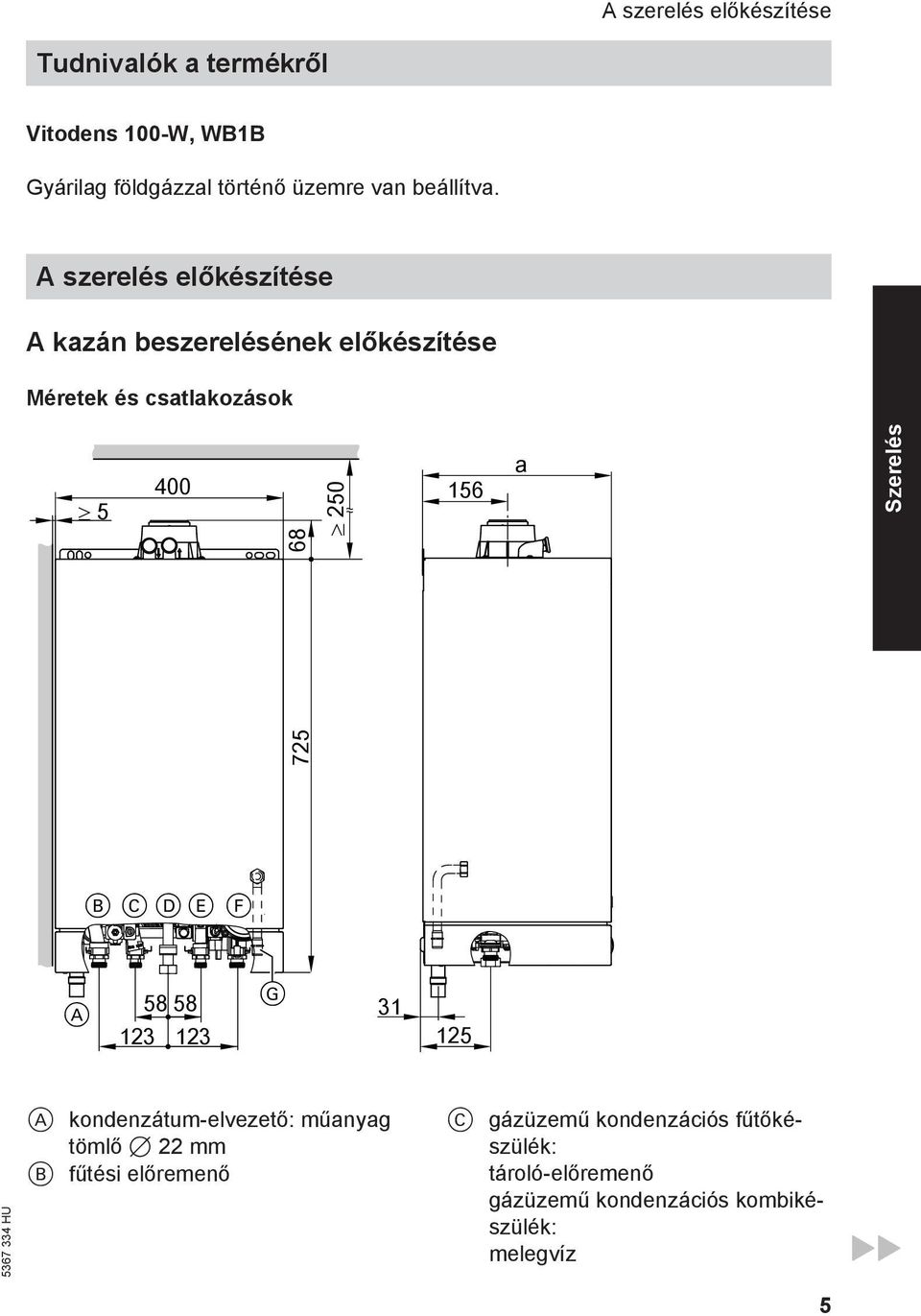 A szerelés előkészítése A kazán beszerelésének előkészítése Méretek és csatlakozások 5 400 68 250 156 a