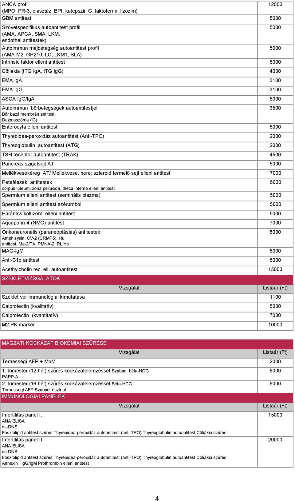 autoantitestjei 3500 Bőr bazálmembrán antitest Dezmoszóma (IC) Enterocyta elleni antitest 5000 Thyreoidea-peroxidáz autoantitest (Anti-TPO) 2000 Thyreoglobulin autoantitest (ATG) 2000 TSH receptor