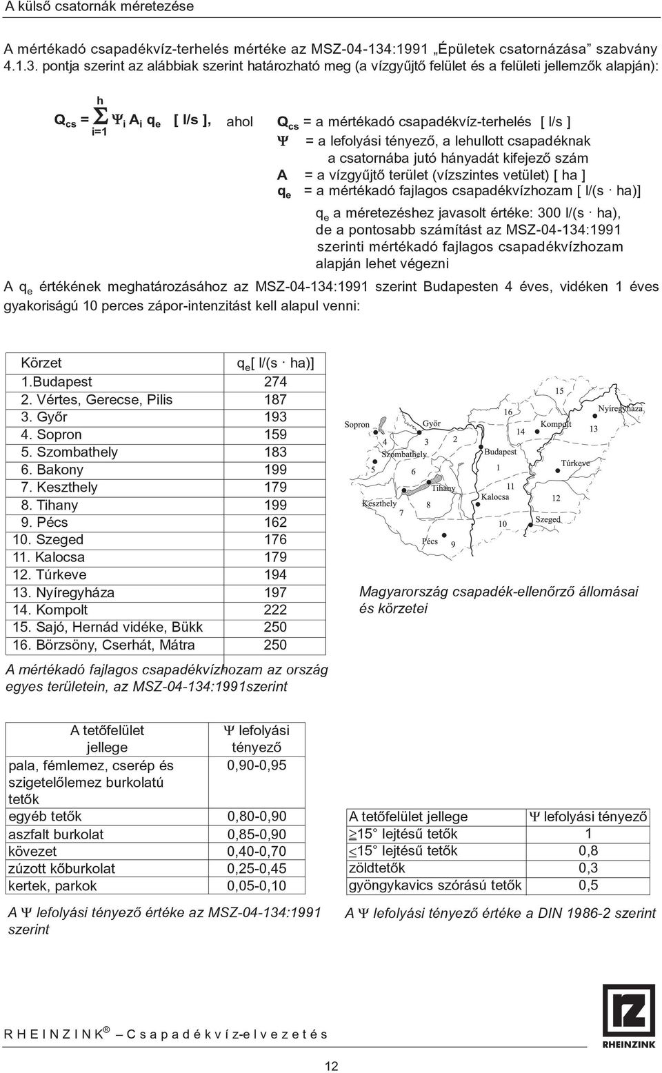 pontja szerint az alábbiak szerint határozható meg (a vízgyûjtõ felület és a felületi jellemzõk alapján): h Q cs = Σ Ψ i A i q e [ l/s ], i=1 ahol Q cs = a mértékadó csapadékvíz-terhelés [ l/s ] Ψ =