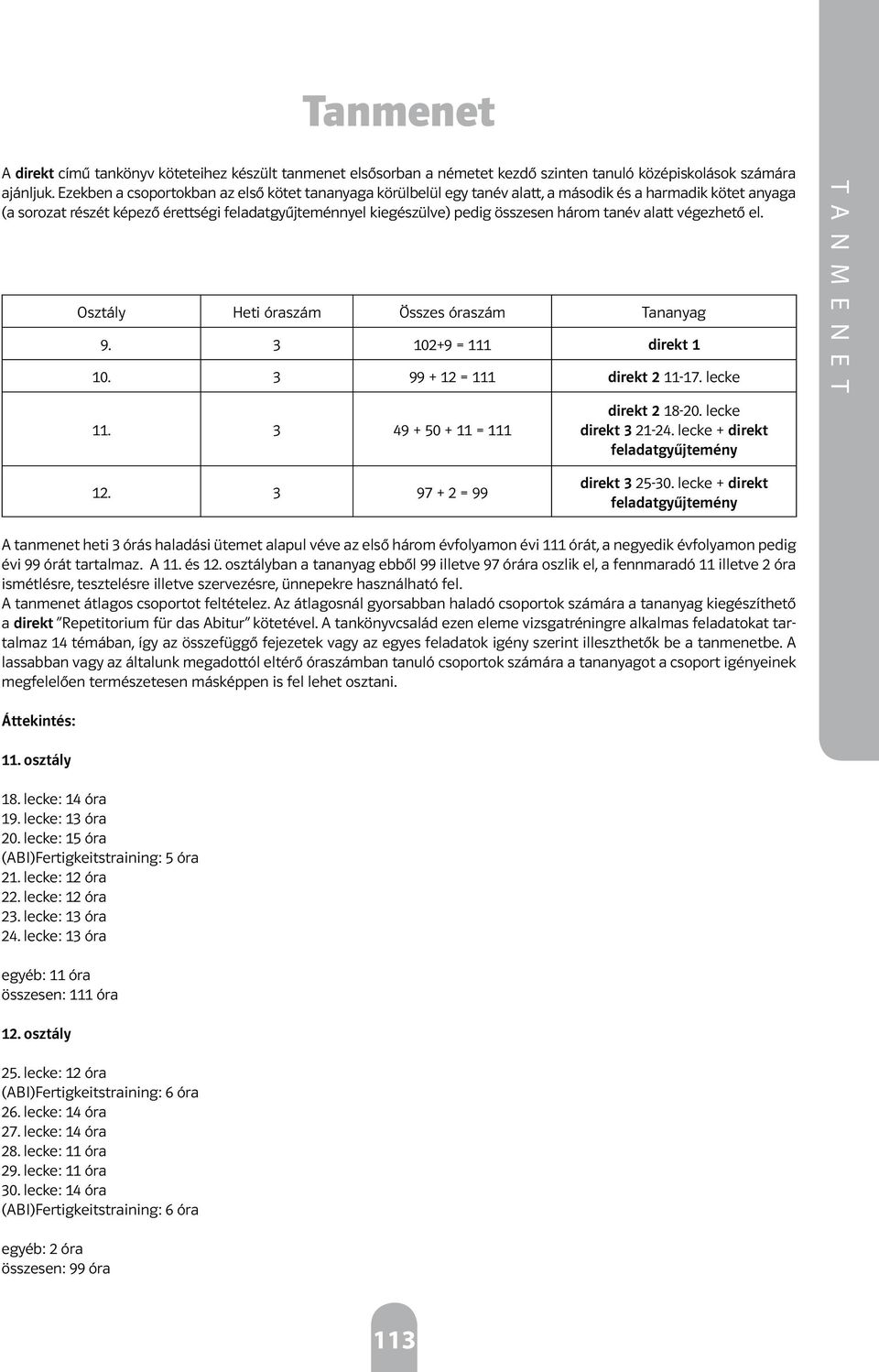 három tanév alatt végezhető el. Osztály Heti óraszám Összes óraszám Tananyag 9. 3 102+9 = 111 direkt 1 10. 3 99 + 12 = 111 direkt 2 11-17. lecke 11. 3 49 + 50 + 11 = 111 direkt 2 18-20.