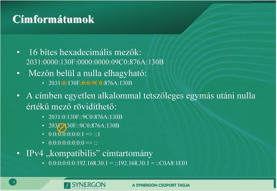 értékű mező rövidíthető: 2031:0:130F::9C0:876A:130B 2031::130F::9C0:876A:130B 0:0:0:0:0:0:0:1 => ::1