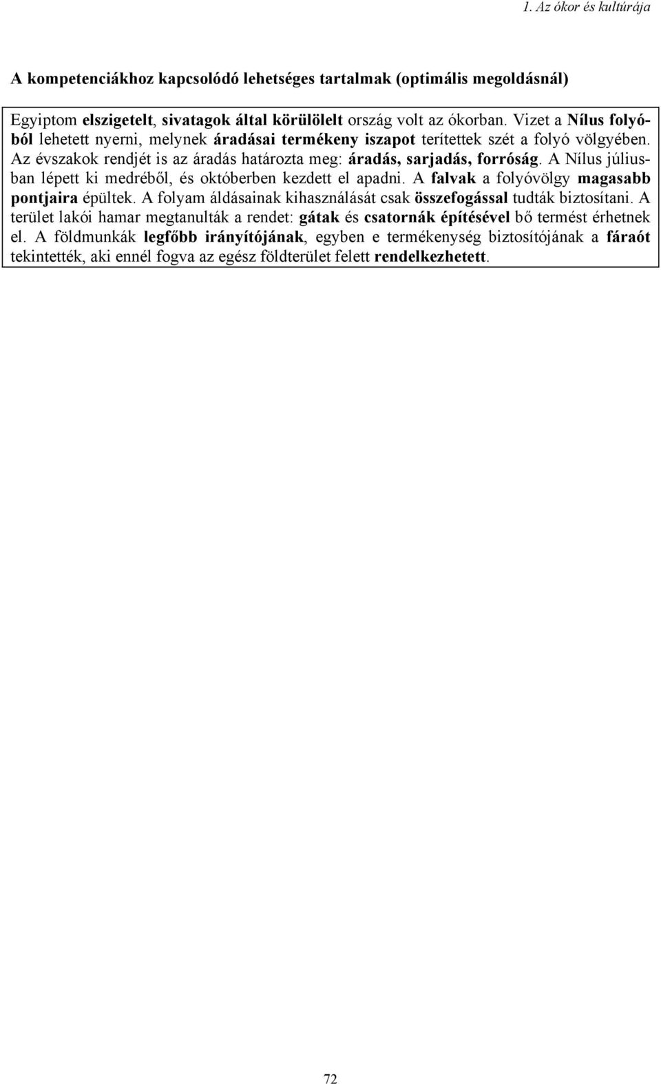 A Nílus júliusban lépett ki medréből, és októberben kezdett el apadni. A falvak a folyóvölgy magasabb pontjaira épültek. A folyam áldásainak kihasználását csak összefogással tudták biztosítani.