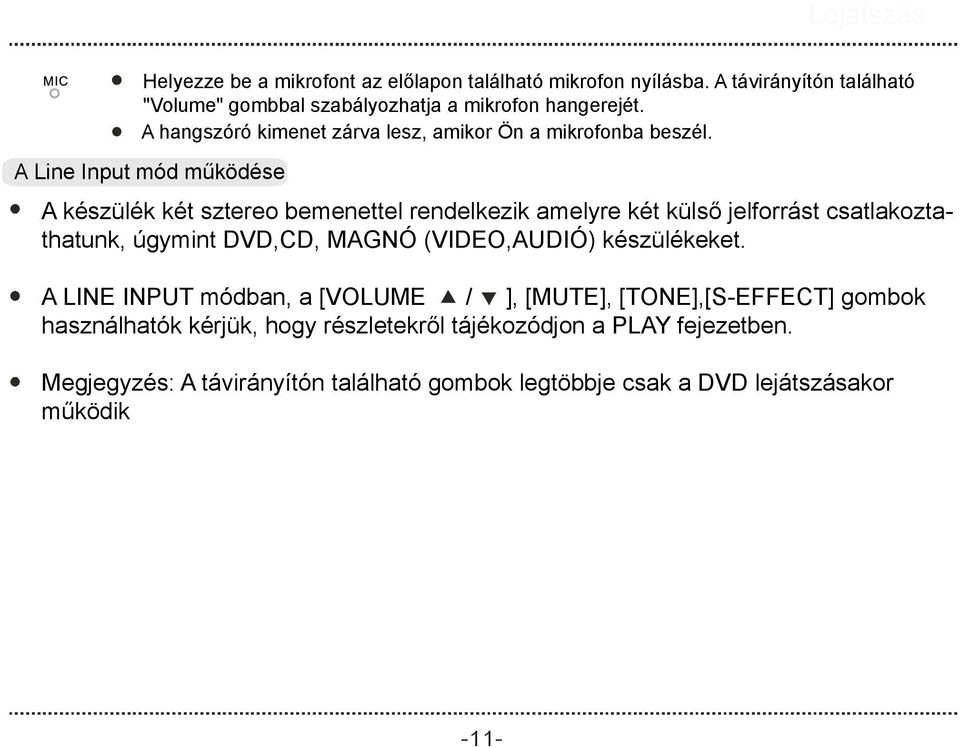 A Line Input mód működése A készülék két sztereo bemenettel rendelkezik amelyre két külső jelforrást csatlakoztathatunk, úgymint DVD,CD, MAGNÓ