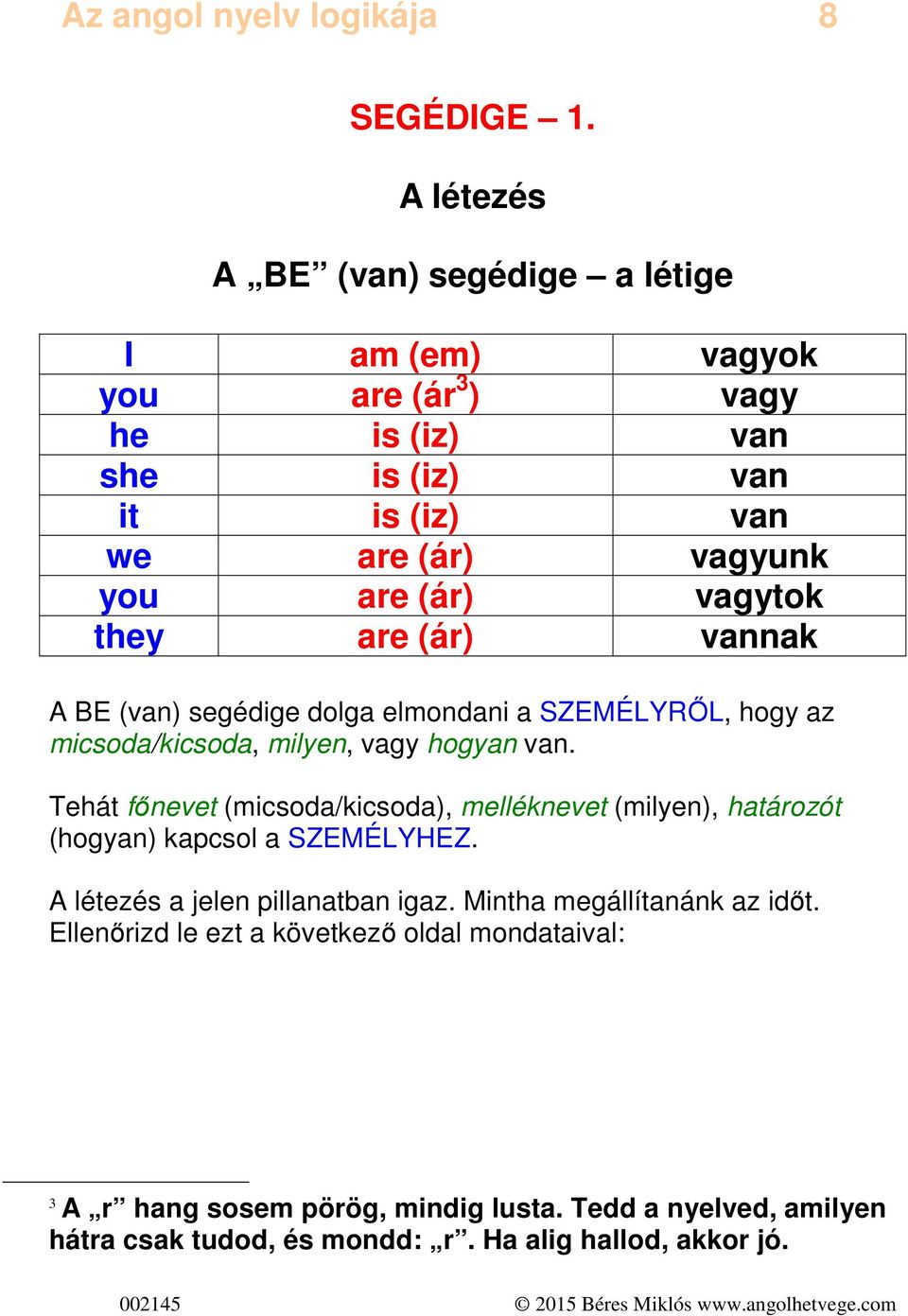 vagytok they are (ár) vannak A BE (van) segédige dolga elmondani a SZEMÉLYRŐL, hogy az micsoda/kicsoda, milyen, vagy hogyan van.