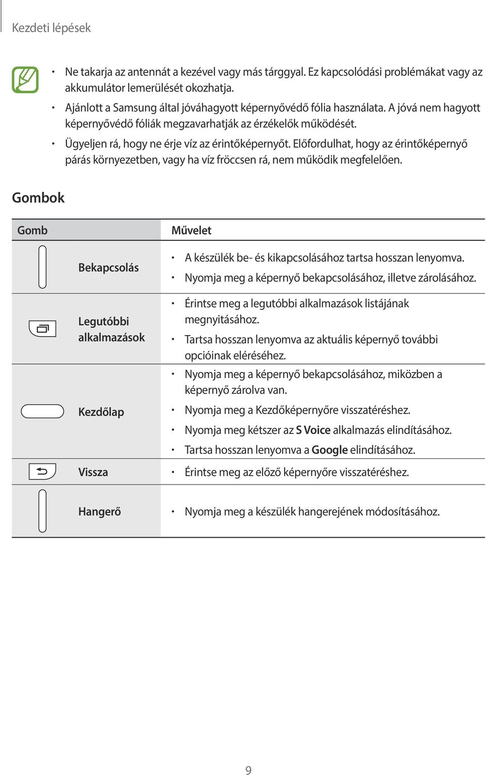 Előfordulhat, hogy az érintőképernyő párás környezetben, vagy ha víz fröccsen rá, nem működik megfelelően.