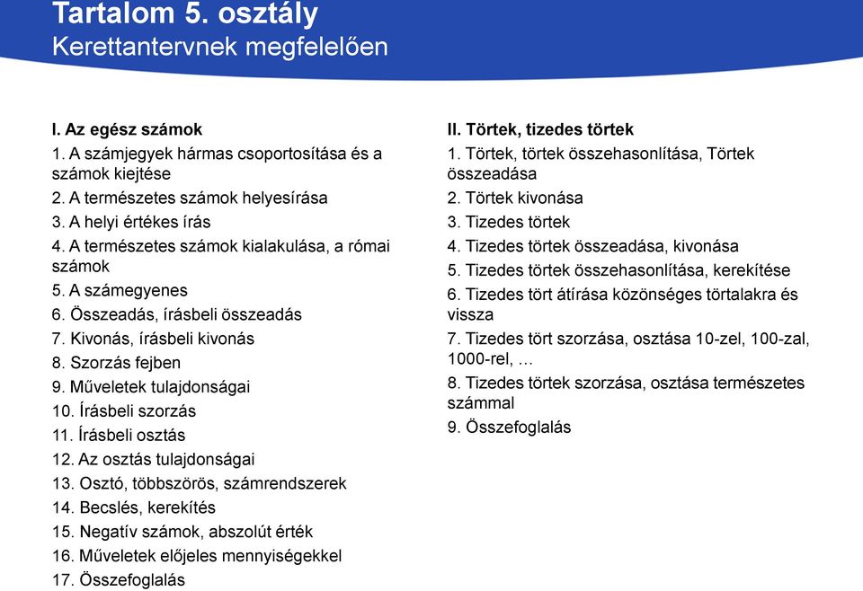 Írásbeli osztás 12. Az osztás tulajdonságai 13. Osztó, többszörös, számrendszerek 14. Becslés, kerekítés 15. Negatív számok, abszolút érték 16. Műveletek előjeles mennyiségekkel 17. Összefoglalás II.