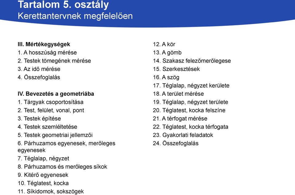 Téglalap, négyzet 8. Párhuzamos és merőleges síkok 9. Kitérő egyenesek 10. Téglatest, kocka 11. Síkidomok, sokszögek 12. A kör 13. A gömb 14. Szakasz felezőmerőlegese 15. Szerkesztések 16.