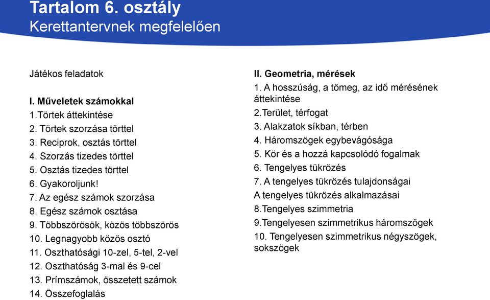 Oszthatóság 3-mal és 9-cel 13. Prímszámok, összetett számok 14. Összefoglalás II. Geometria, mérések 1. A hosszúság, a tömeg, az idő mérésének áttekintése 2.Terület, térfogat 3.