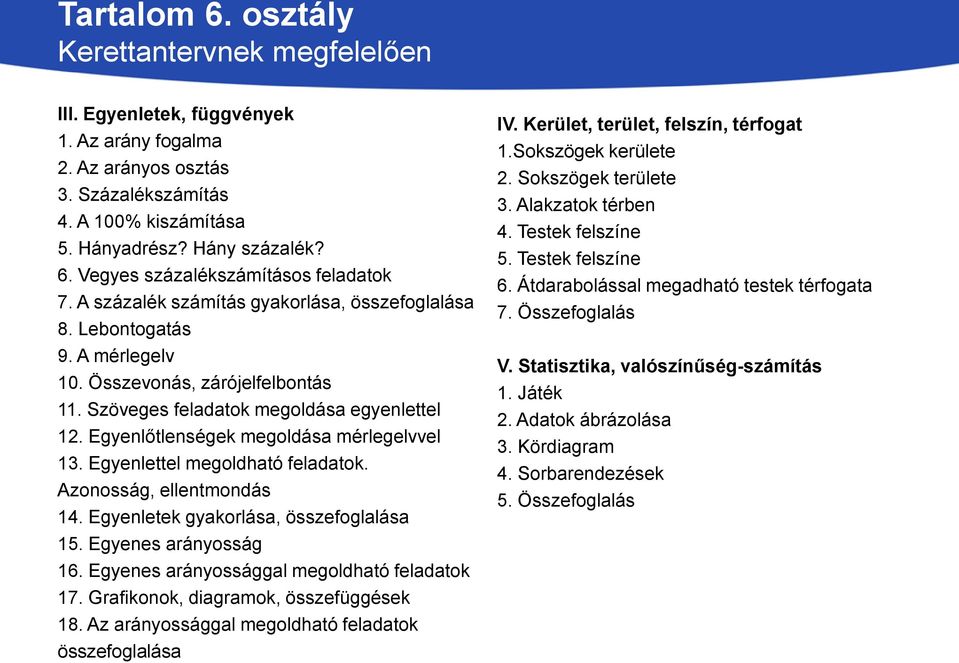 Egyenlőtlenségek megoldása mérlegelvvel 13. Egyenlettel megoldható feladatok. Azonosság, ellentmondás 14. Egyenletek gyakorlása, összefoglalása 15. Egyenes arányosság 16.