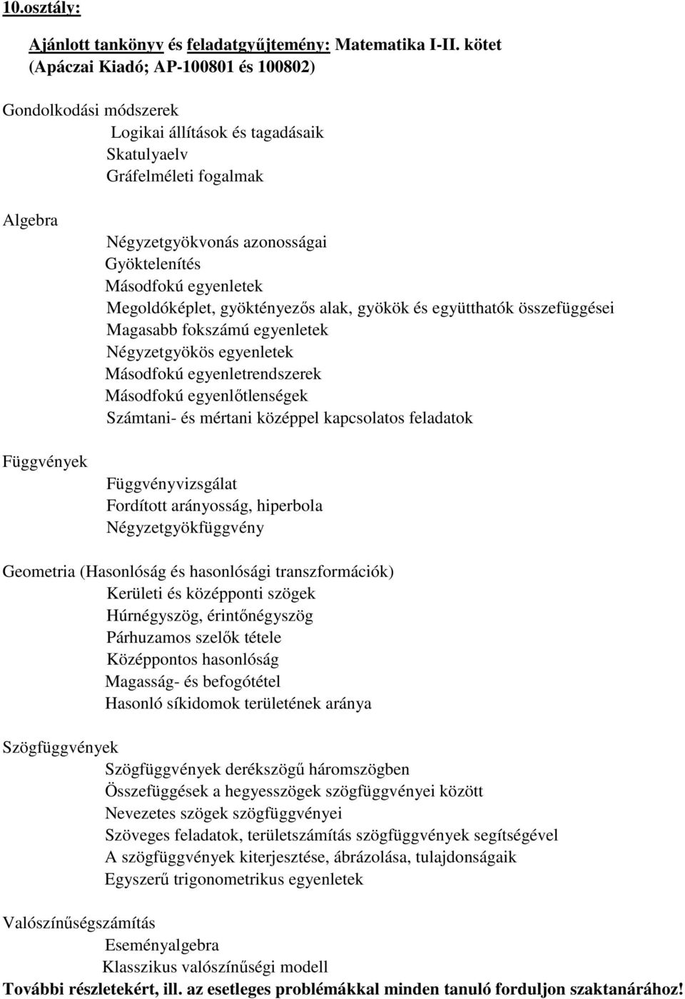 egyenlőtlenségek Számtani- és mértani középpel kapcsolatos feladatok Függvényvizsgálat Fordított arányosság, hiperbola Négyzetgyökfüggvény Geometria (Hasonlóság és hasonlósági transzformációk)