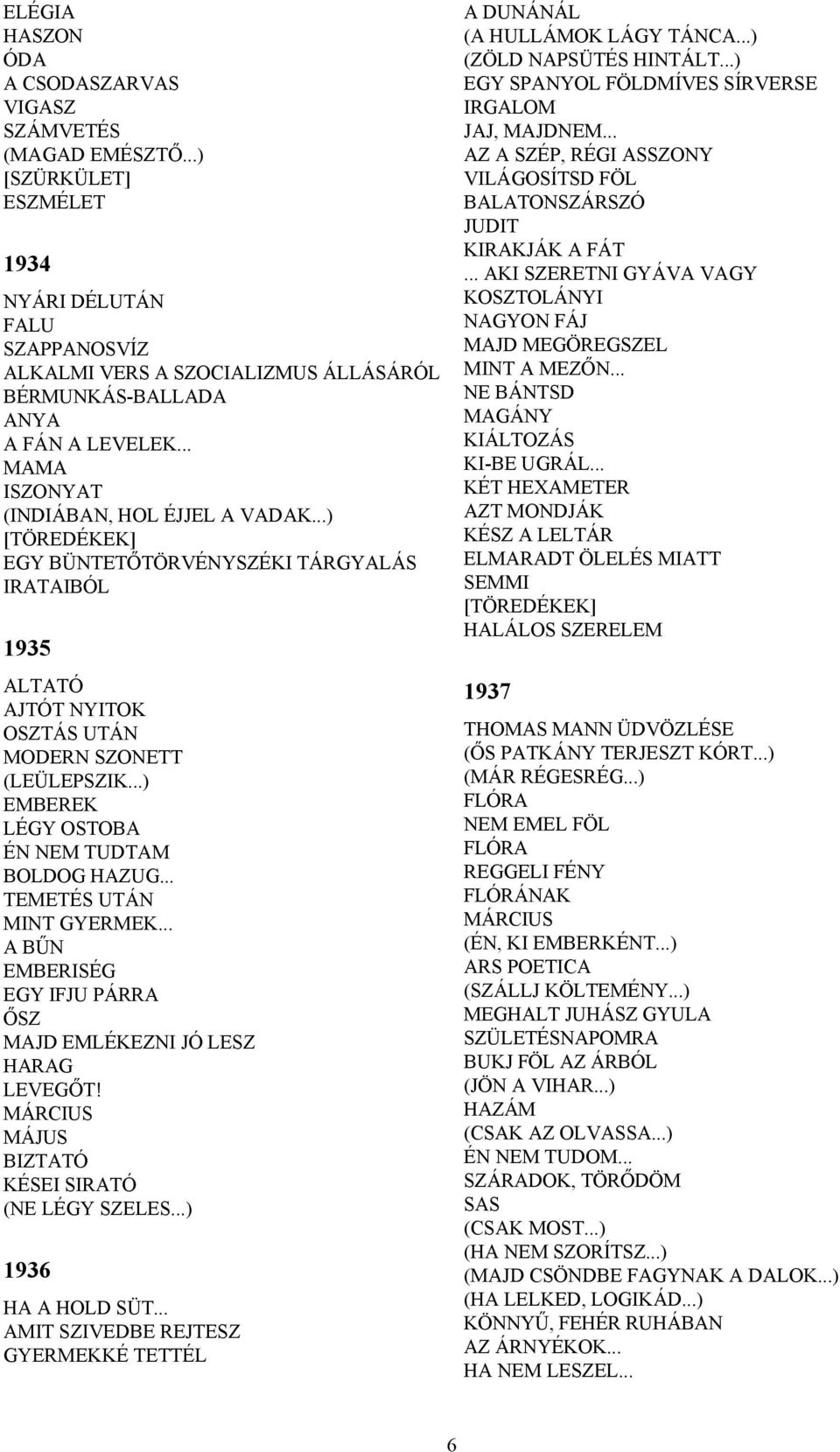 ..) [TÖREDÉKEK] EGY BÜNTETŐTÖRVÉNYSZÉKI TÁRGYALÁS IRATAIBÓL 1935 ALTATÓ AJTÓT NYITOK OSZTÁS UTÁN MODERN SZONETT (LEÜLEPSZIK...) EMBEREK LÉGY OSTOBA ÉN NEM TUDTAM BOLDOG HAZUG.