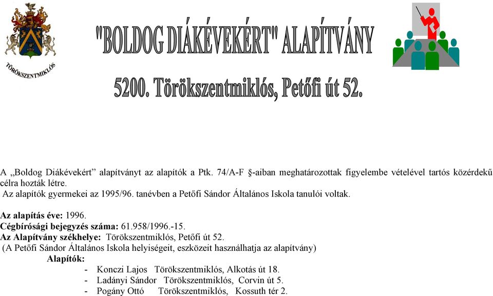 958/1996.-15. Az Alapítvány székhelye: Törökszentmiklós, Petőfi út 52.