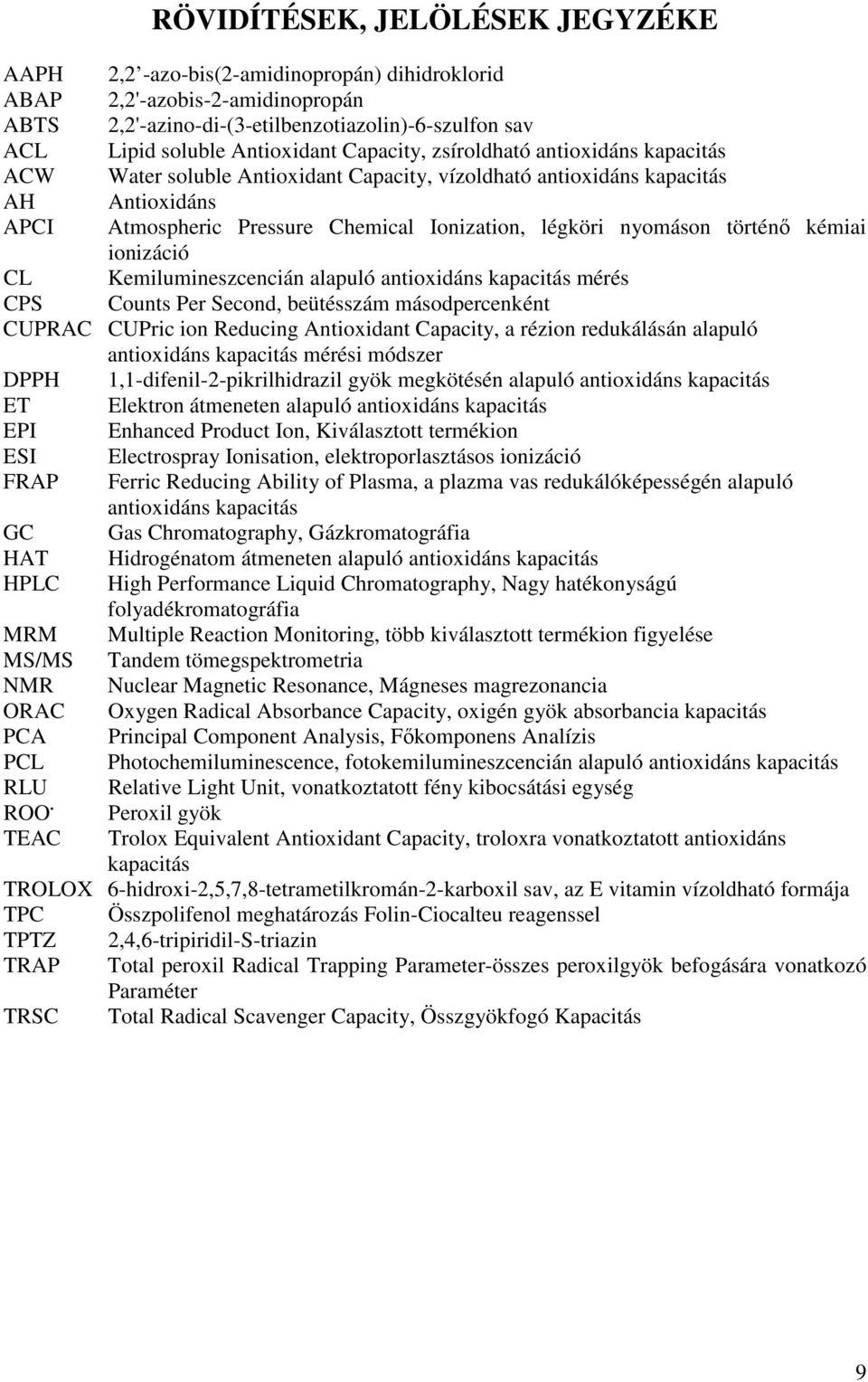 történő kémiai ionizáció CL Kemilumineszcencián alapuló antioxidáns kapacitás mérés CPS Counts Per Second, beütésszám másodpercenként CUPRAC CUPric ion Reducing Antioxidant Capacity, a rézion