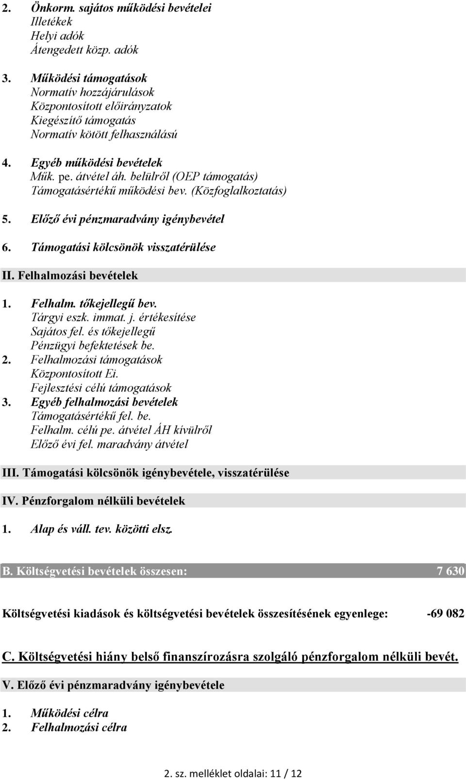 belülről (OEP támogatás) Támogatásértékű működési bev. (Közfoglalkoztatás) 5. Előző évi pénzmaradvány igénybevétel 6. Támogatási kölcsönök visszatérülése II. Felhalmozási bevételek 1. Felhalm. tőkejellegű bev.