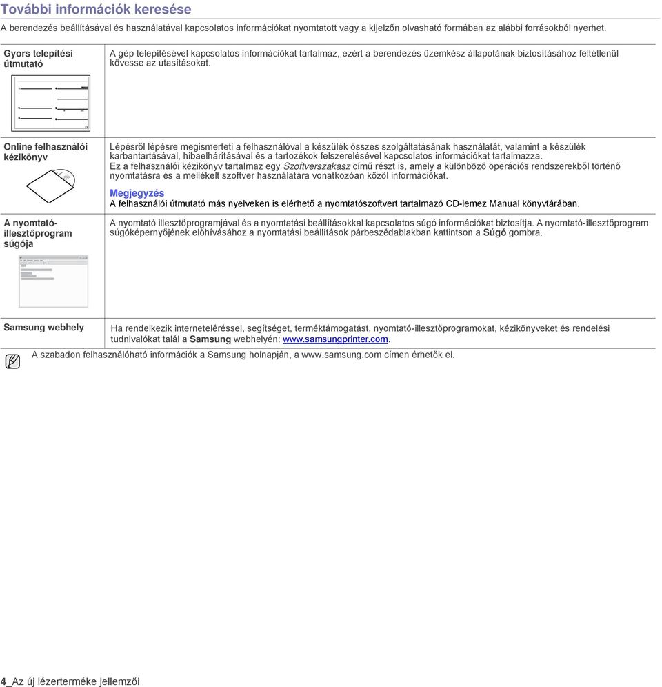 Online felhasználói kézikönyv A nyomtatóillesztőprogram súgója Lépésről lépésre megismerteti a felhasználóval a készülék összes szolgáltatásának használatát, valamint a készülék karbantartásával,