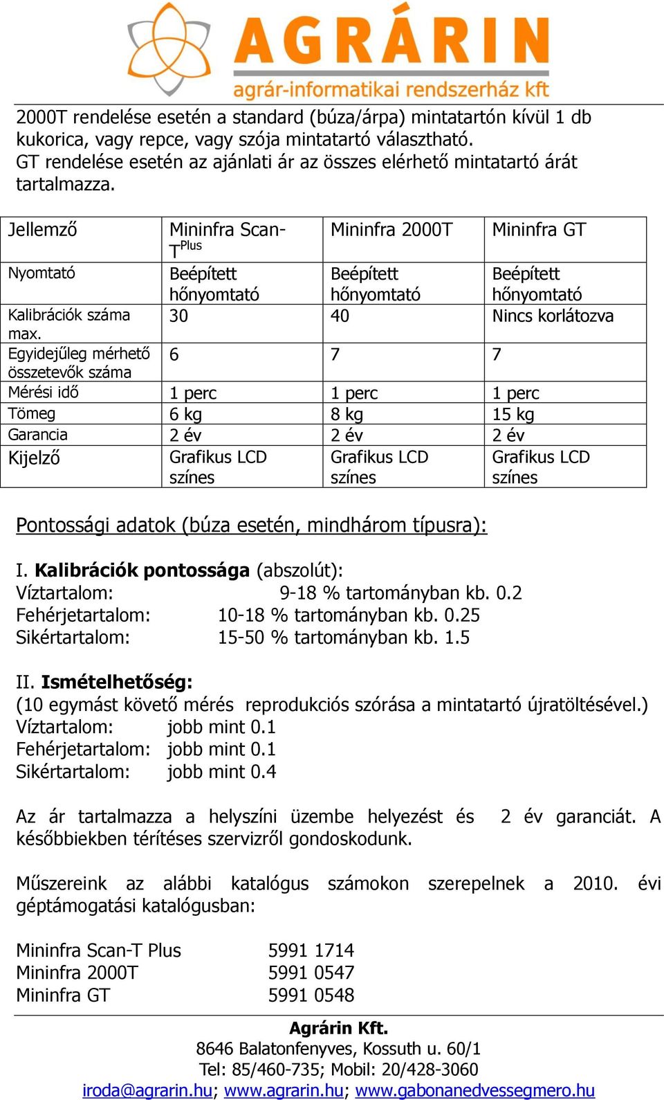 Mininfra 2000T Mininfra GT Jellemző Mininfra Scan- T Plus Nyomtató Beépített hőnyomtató Beépített hőnyomtató Beépített hőnyomtató Kalibrációk száma 30 40 Nincs korlátozva max.