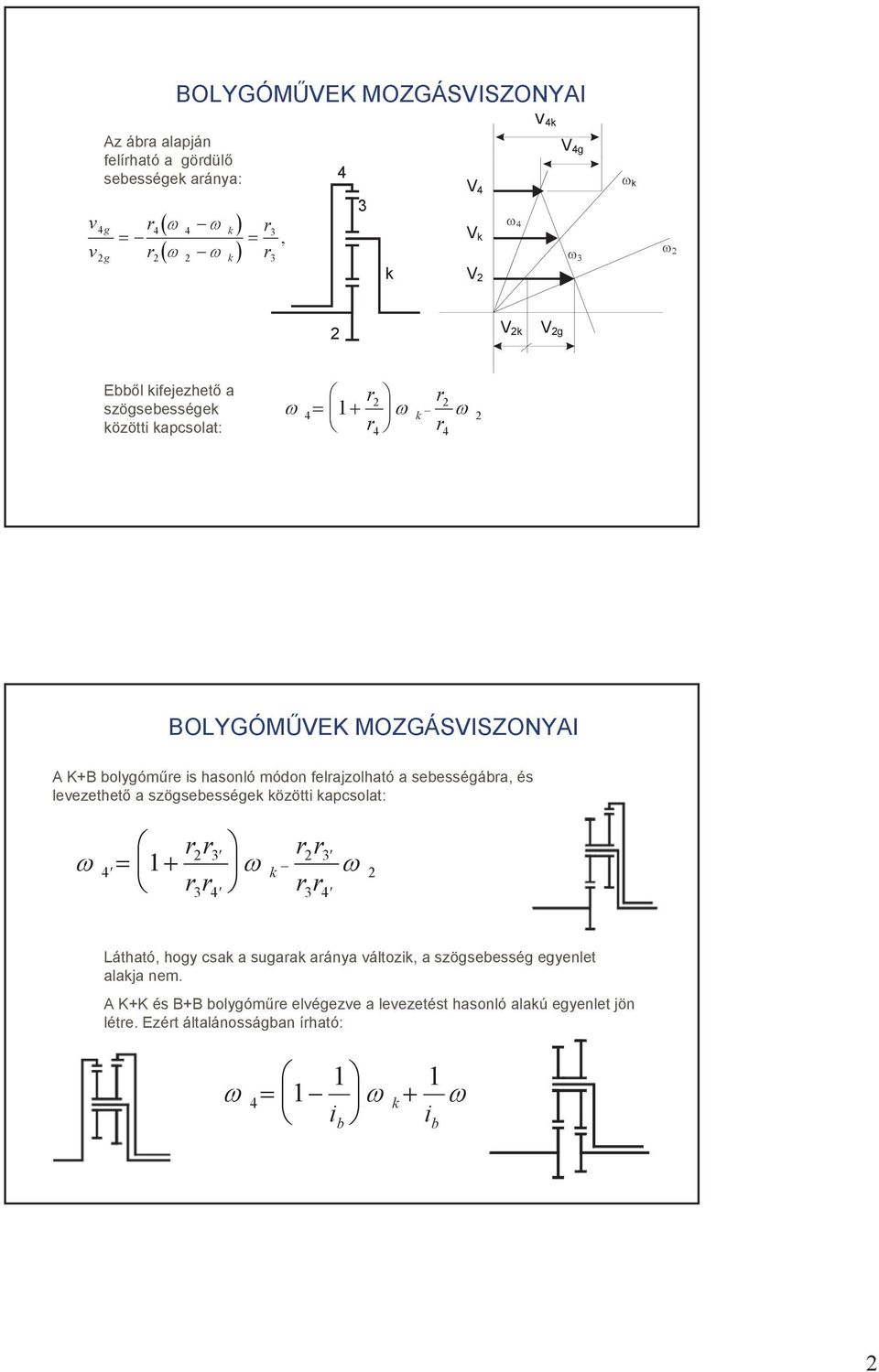 sebességábra, és levezethet a szögsebességek közötti kapcsolat: 3 3 4 rr rr k rr rr 3 4 3 4 Látható, hogy csak a sugarak aránya változik, a