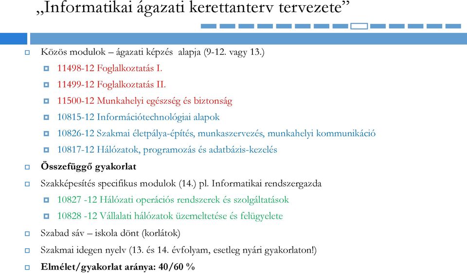 programozás és adatbázis-kezelés Összefüggő gyakorlat Szakképesítés specifikus modulok (14.) pl.