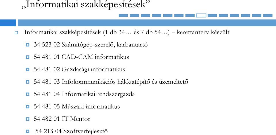 Gazdasági informatikus 54 481 03 Infokommunikációs hálózatépítő és üzemeltető 54 481 04