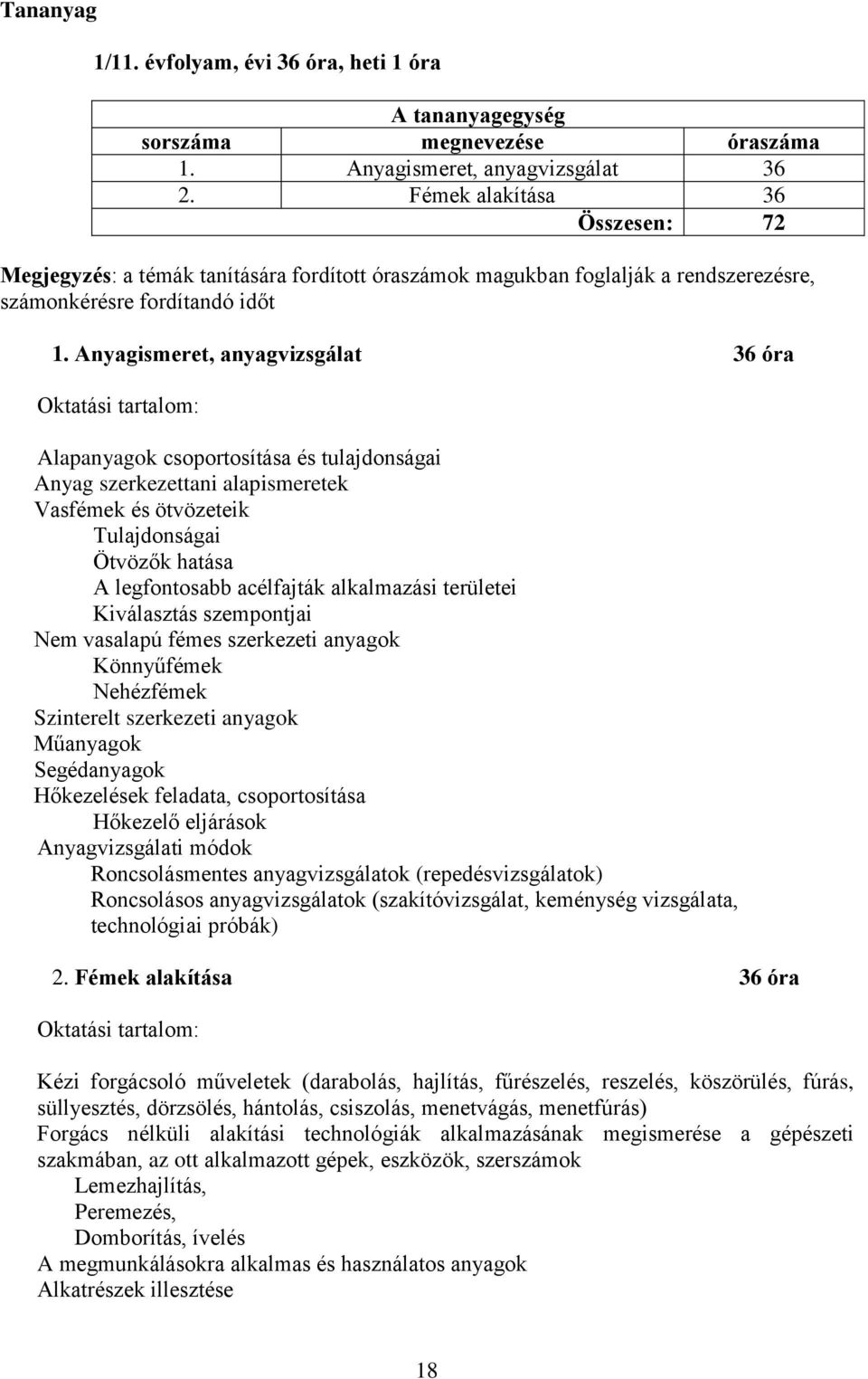 Anyagismeret, anyagvizsgálat 36 óra Alapanyagok csoportosítása és tulajdonságai Anyag szerkezettani alapismeretek Vasfémek és ötvözeteik Tulajdonságai Ötvözők hatása A legfontosabb acélfajták