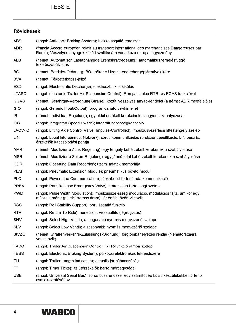 Lastabhängige Bremskraftregelung); automatikus terhelésfüggő fékerőszabályozás (német: Betriebs-Ordnung); BO-erőkör = Üzemi rend tehergépjárművek köre (német: Fékbetétkopás-jelző (angol: